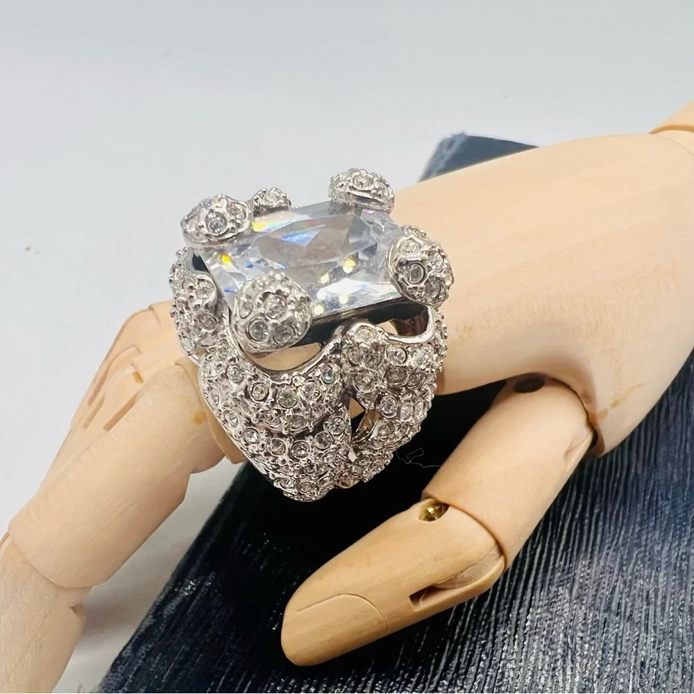 Huge chunky fake diamond cocktail ring paved rhinestones silver tone size 6